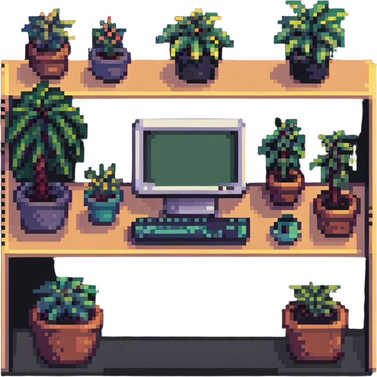 lofi pixel art room with computer and potted plant emoji