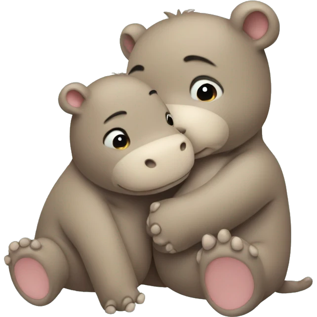 tan teddy bear hugging a baby hippo emoji