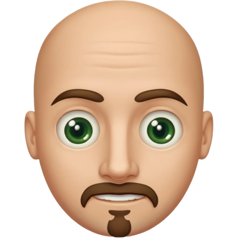 white caucasian bald man's face, with brown goatee and dark green eyes, oval face, rounded, big, little eyes a small smile emoji