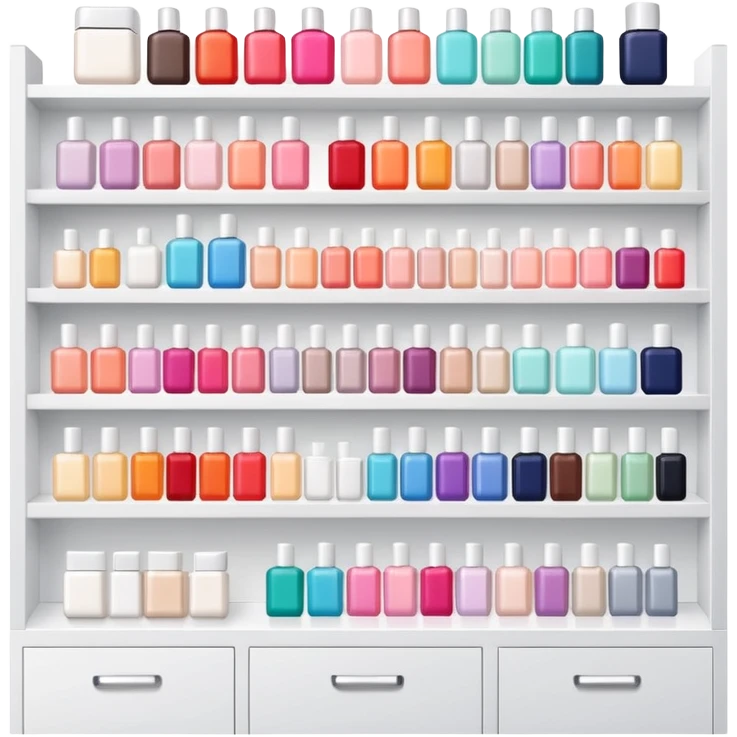 big beauty salon showcase with well-organized brand-labeled beauty products on a white shelves emoji
