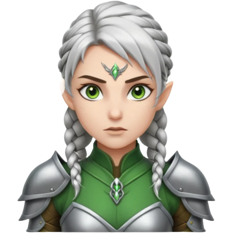 battle elf, tight braid, silver armor, fierce stare emoji