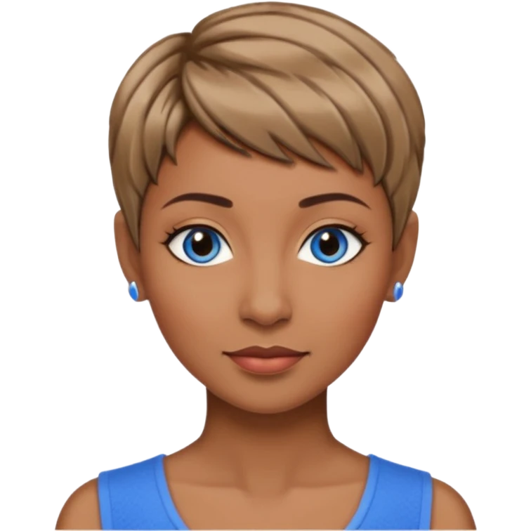 Frau, braun mit dunkelblonden spitzen, kurzhaarfrisur Pixie schnitt, blaue Augen, mittleres alter emoji
