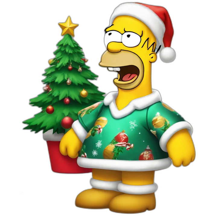 happy Homer Simpson with cristmas dress and cristmas tree emoji