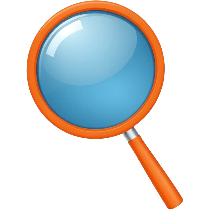 A stylized blue magnifying glass tilted right, flat design, minimalist, vibrant orange handle, white circular background, high resolution, 2048x2048 pixels, vector art, clean lines emoji