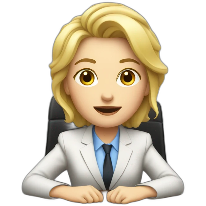 Blonde white woman wearing a suit sitting on the table telling the news towards the camera emoji