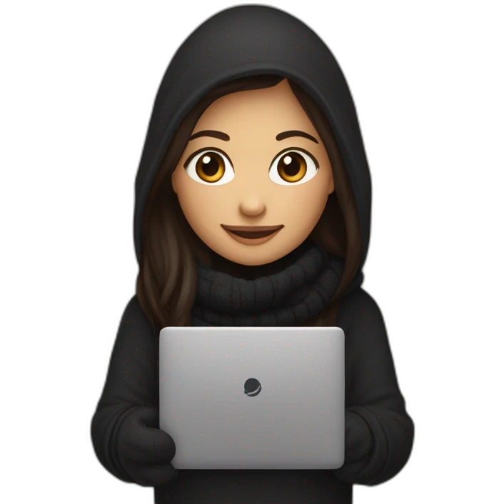 Female with middle dark brown long straight hair wearing black hoodie and black woolly scarf holding a closed laptop and a coffee mug on her hands and smiling with both her eyes and mouth emoji