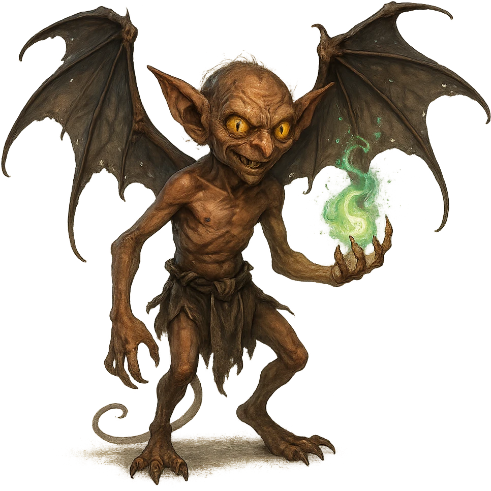 Igor the mephit, impish character with bat wings, magical vibe, fantasy style, detailed emoji