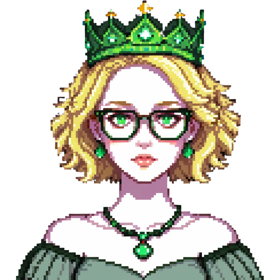 beautiful princess with blonde hair, striking green eyes, wearing glasses and a crown emoji