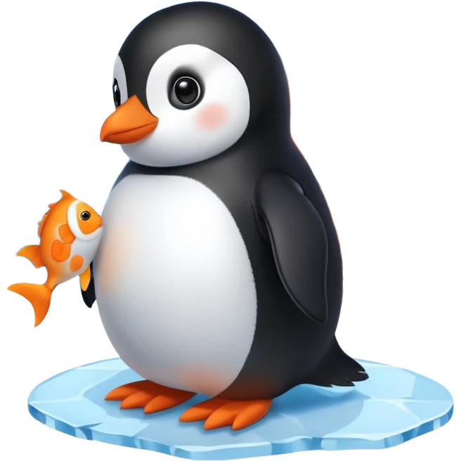 A cute penguin doll holding an orange fish doll in its hands.
A house of ice behind it. emoji