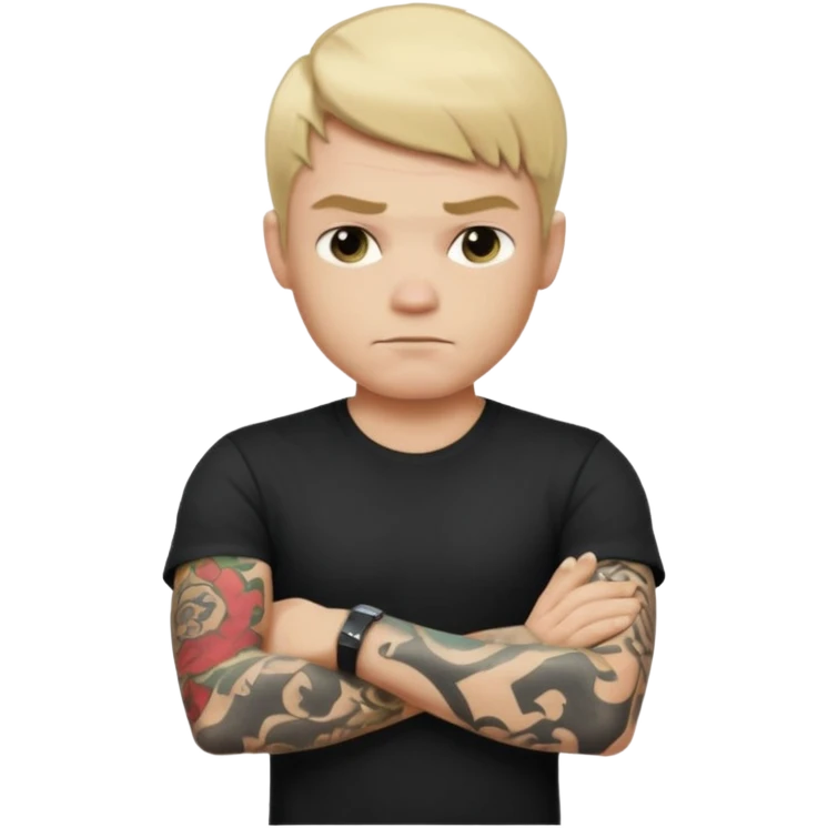 male memoji, blonde man with tattoos on arms, black t-shirt, arms crossed, intense stare, edgy rebel vibe emoji