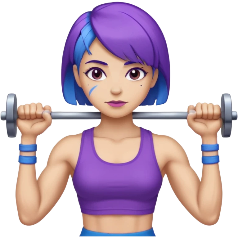 weight lift woman short blue purple har muscles bar is not growing from head emoji