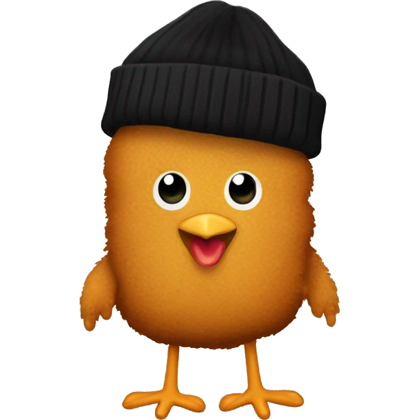 A cute chicken nugget with arms, legs, and cartoon eyes. Wearing a black beanie emoji