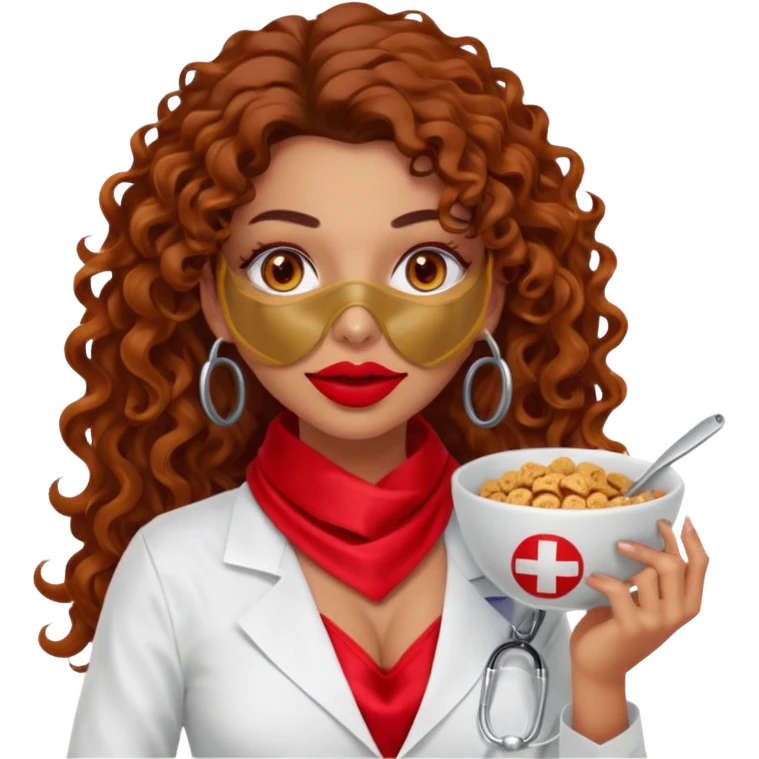 Sensual Spanish Lilith core evil surgeon.red outfit.  Surgeon has hazel eyes. Her hair is BROWN. Hair is also  long and  curly. wearing a sexy surgeon outfit with platform  heels.she is a calculated smart cereal killer. She covers only her mouth and nose with silk scarf to hide identity  emoji