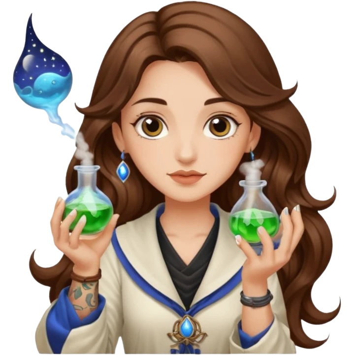 moon alchemist woman long wavy brown hair tattoos holding small potion emoji