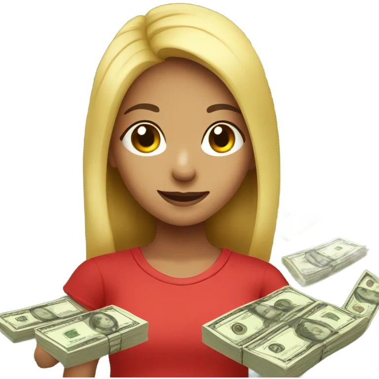 a girl with fresh hair and a red T-shirt holding the money emoji