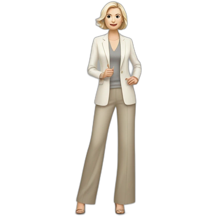 Full height Actively gesturing with hands pale skin woman with ash blonde Straightened bob Hair, White Spacious classical jacket, beige palazzo Arrow pants and gray blouse emoji