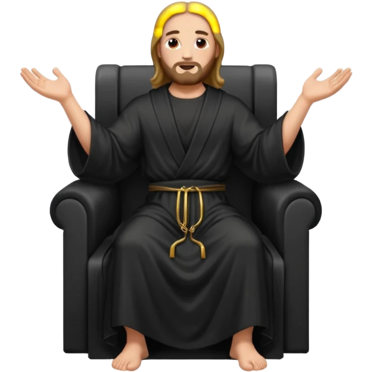 fullbody bald jesus christ jacked, sleeveless black robe sitting hands on armrests emoji