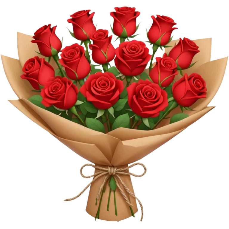 A brown paper-wrapped bouquet of fresh roses and baby’s breath emoji
