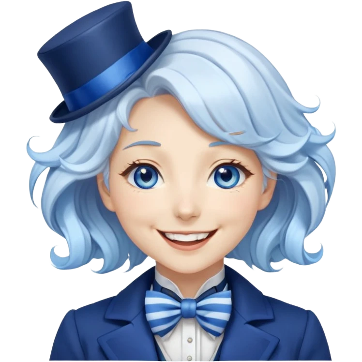 Beautiful gorgeous anime lady with white wavy hair with thin blue stripes, blue eyes, blue short top hat with a blue bow tie, smug grin, laughing, happy, blue coat, blue cravat, white gloves emoji
