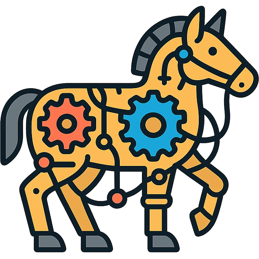 Steampunk horse made of visible gears, cogs, analog components, wires and rope connections emoji