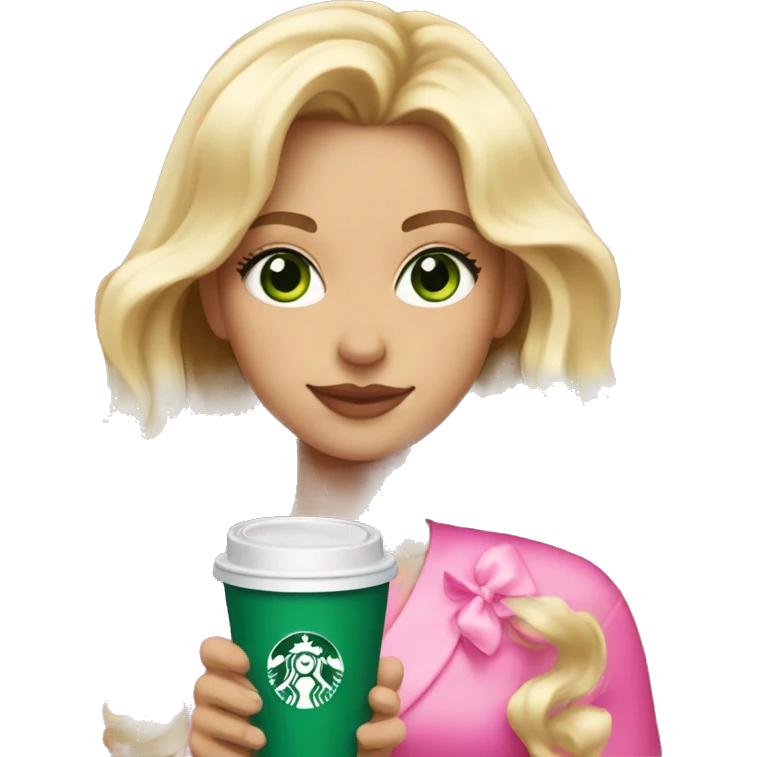 blonde with bright green eyes drinking pink starbucks wearing a pink bow in long wavy blonde hair emoji