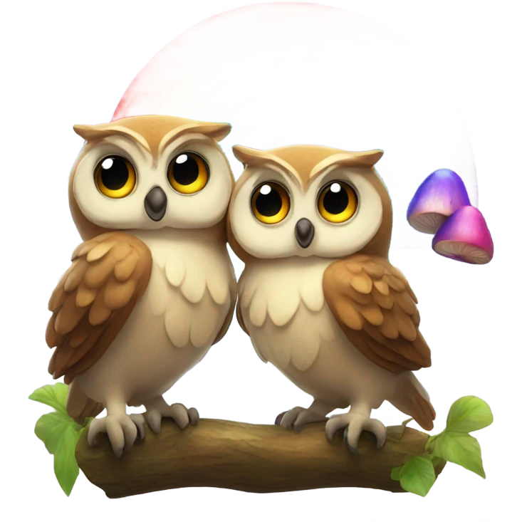 Two owls excited about a lot of rainbow mushrooms  emoji