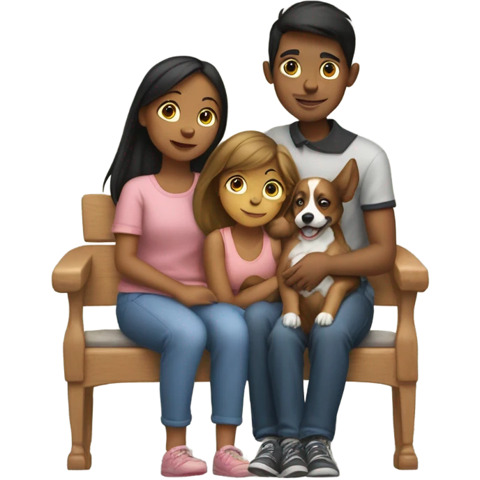 3 boys and a girl with arms around shoulders holding a dog on their laps emoji