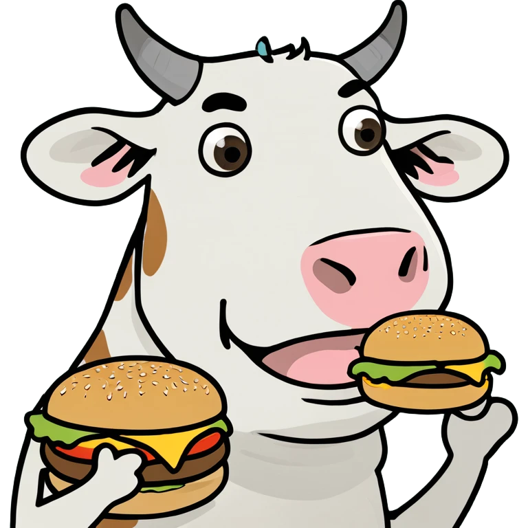 cow on a stool standing on two legs eating a burger emoji