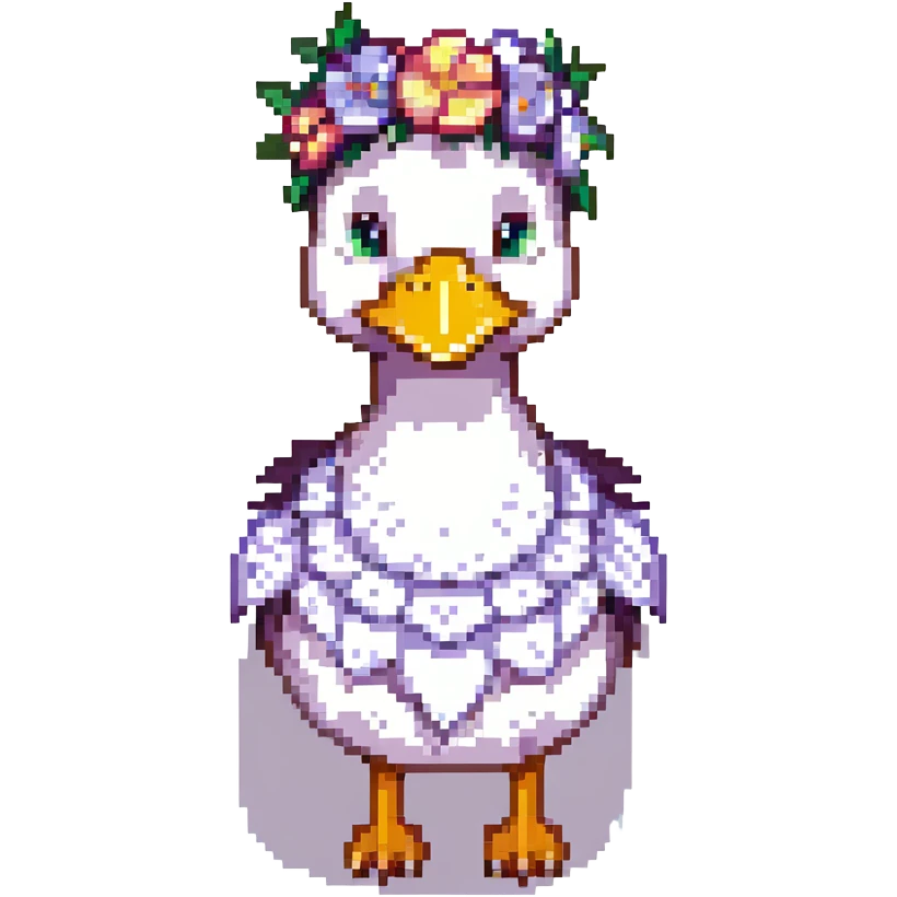 a fairy duck with a flower crown pixel art emoji