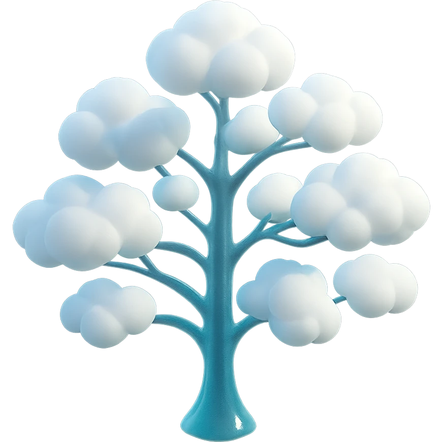one tree with many branches, each branch covered with small, very bright white, saturated color, fluffy convex clouds, matte glass style, no background emoji
