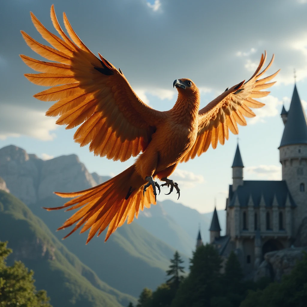 a majestic phoenix flying over Hogwarts, Harry Potter series, photorealistic style emoji