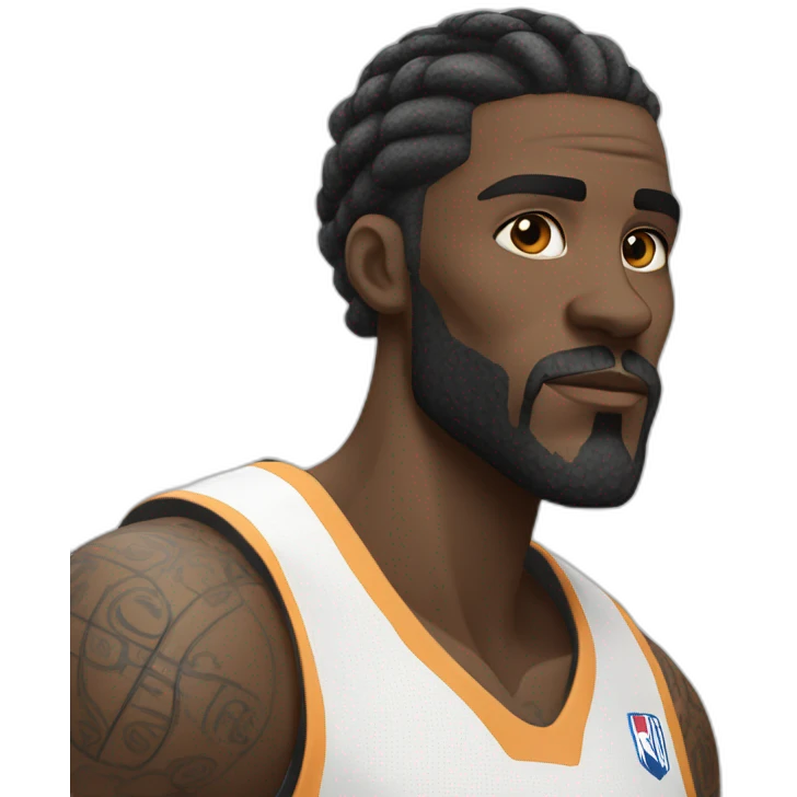 dark skin basketball player with tattoos, beard, short braided hair wearinf black and white jersey emoji