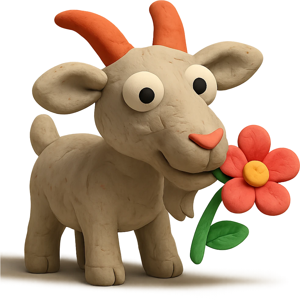 goat chewing on a flower, cute and whimsical, matte finish, claymation style emoji