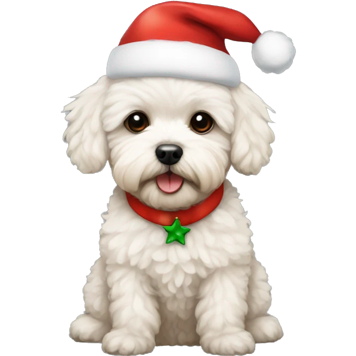 A maltipoo wearing a christmas hat emoji