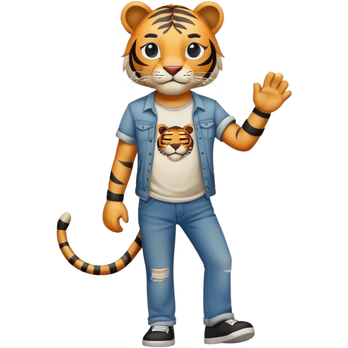 anthropomorphised tiger in a band t-shirt and jeans with an eye patch walking upright relaxed pose emoji