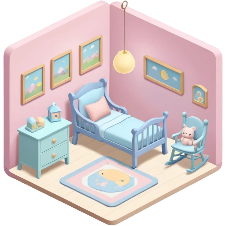 isometric baby room, Baby room with night lamp and rocking chair emoji
