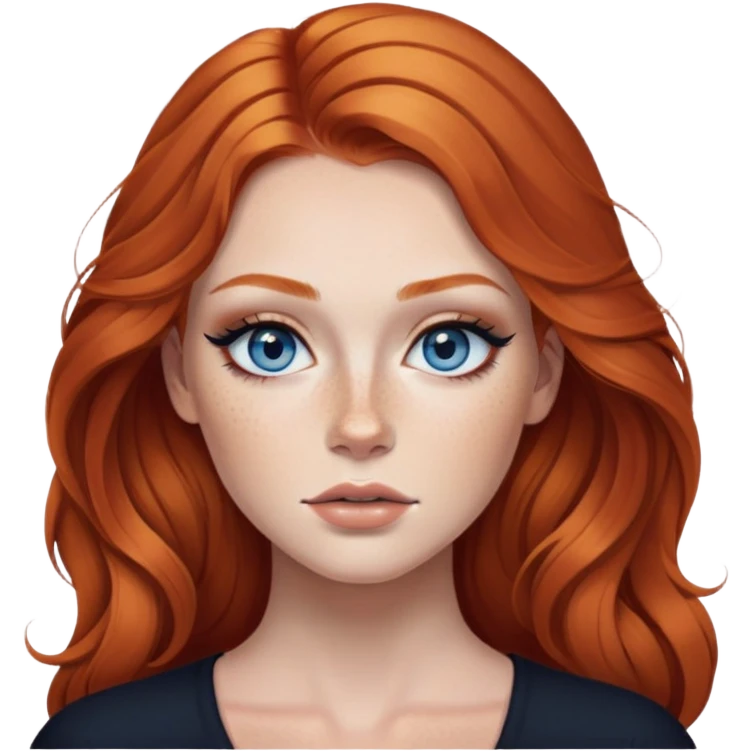 ginger hair, blue eyes, freckled, baddie,pretty makeup, strong makeup, black eyeliner, long hair emoji