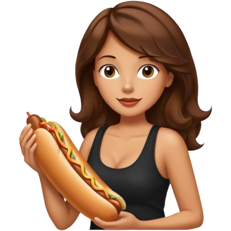 Medium length wavy Brown hair. Very Large boobs. Black tanktop. Side profile. Hot dog emoji