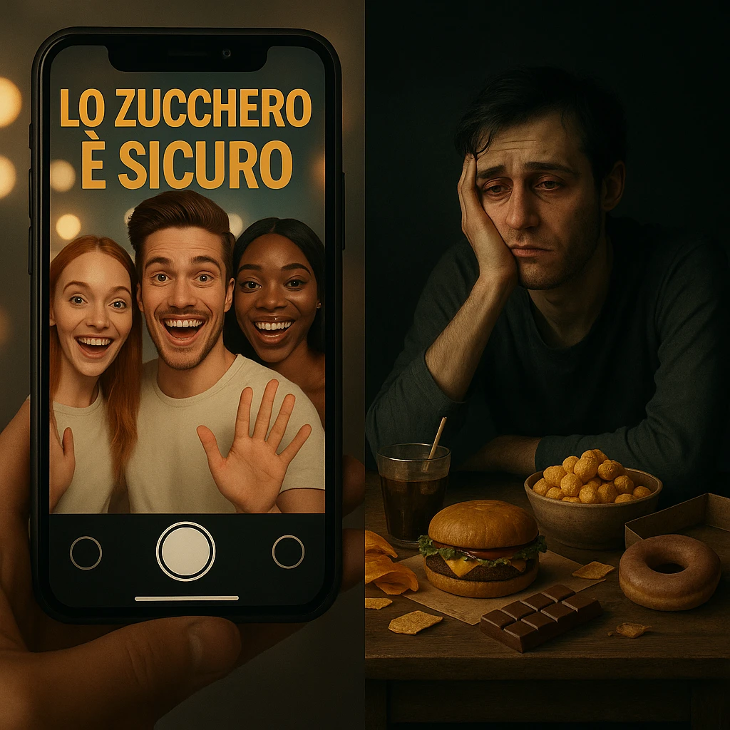 Symbolic split-screen scene: on the social influencer side, cheerful and energetic people say sugar is safe, vivid lights, Italian text 'LO ZUCCHERO È SICURO'; opposite side, a real person with signs of inflammation and fatigue surrounded by junk food, dark environment. Contrast between misinformation and reality, 4K quality. emoji