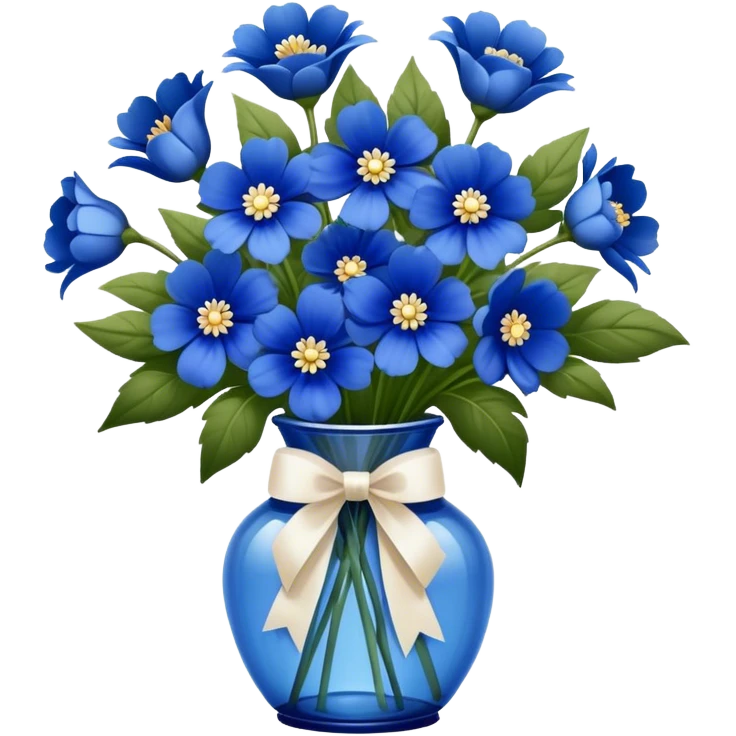 "A glass vase filled with deep blue flowers, tied with a soft ribbon, elegant and vintage-inspired." emoji
