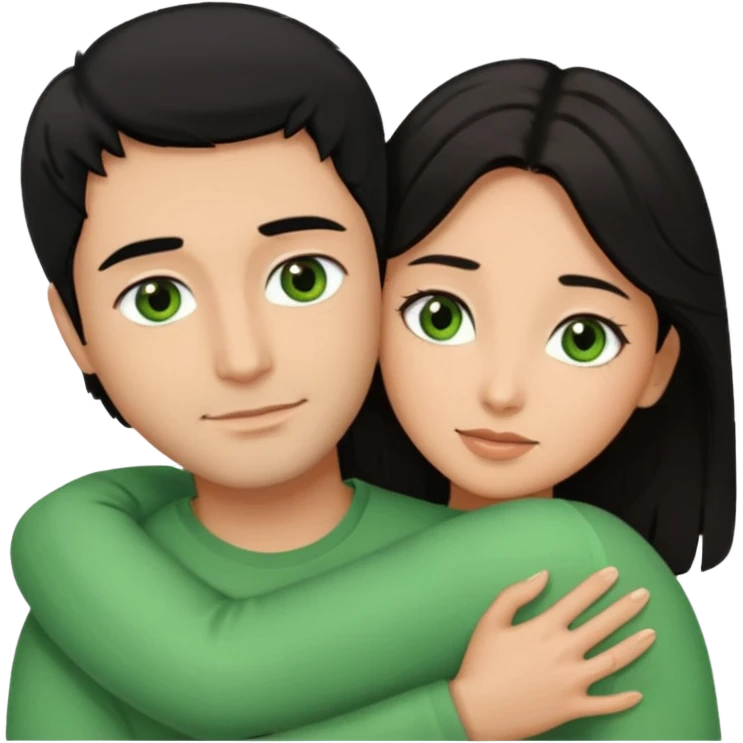 Woman  with brown eyes and black hair hugging a man with green eyes and light brown hair emoji