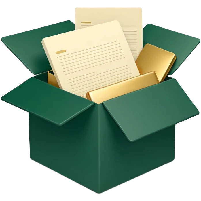 3D minimal open box with papers and documents floating out, matte finish, deep green (#0B3D2C) box, cream (#F5F5DC) papers, gold (#C9B037) subtle glow, Apple style, clean and premium, soft shadow, transparent background emoji