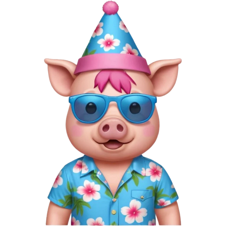 Pig with blue aloha shirt, birthday hat, sunglasses emoji