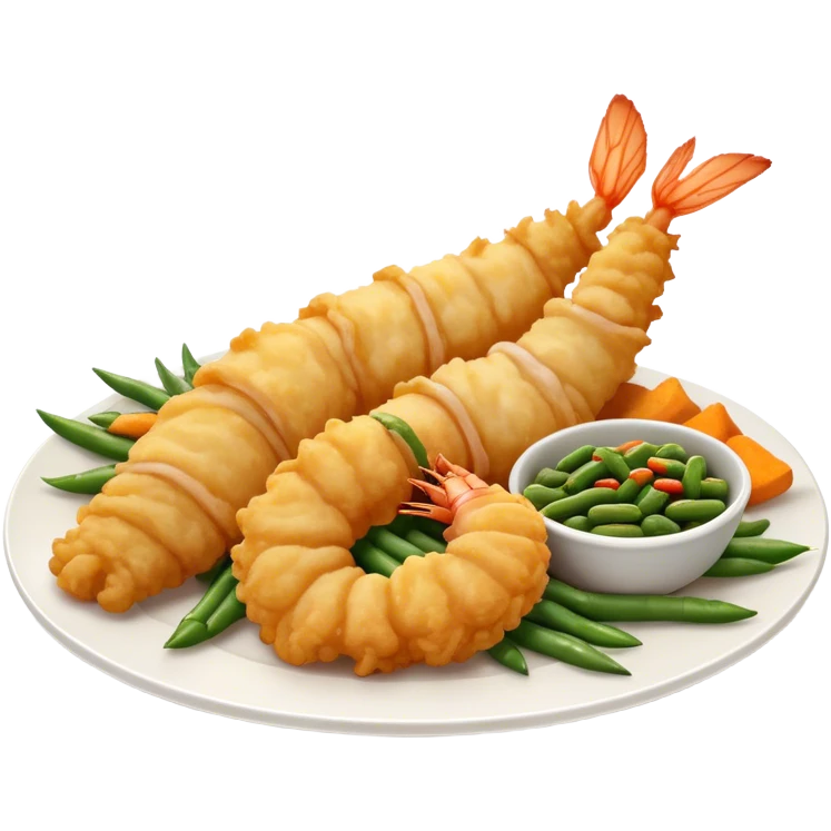 Cinematic Realistic Tempura Dish Emoji, depicted as lightly battered and fried seafood and vegetables rendered with delicate textures and crisp, inviting lighting. emoji