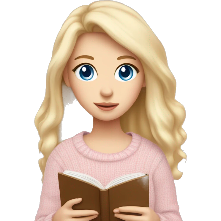 Pretty blue eyed white girl with light pink sweater reading cozy emoji