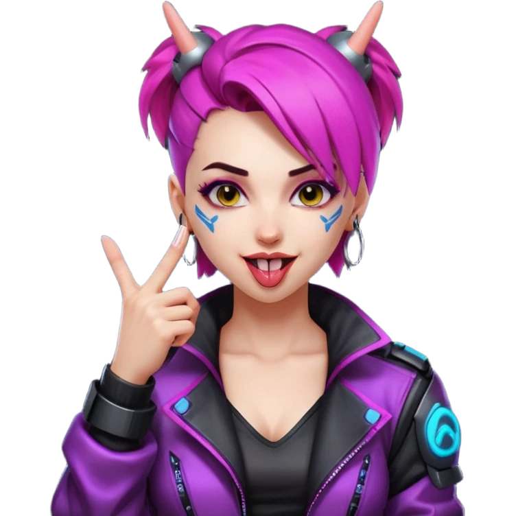 Woman with her tongue out in cyberpunk clothing and giving the middle finger. Looking naughty. emoji