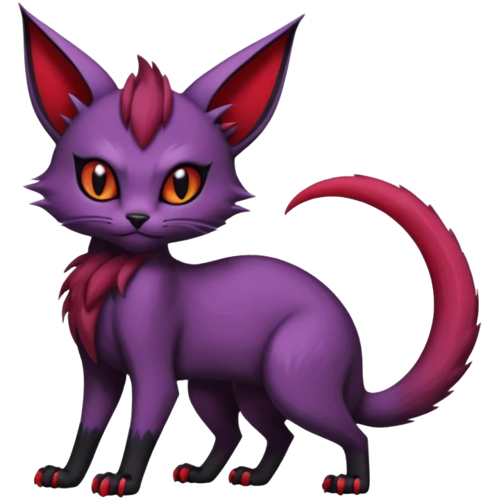 Dark gloomy gothic Black violet red edgy cute Noivern-Noibat-Purloin-Torracat-Lykoi-Caracal-cat-Fakemon-fusion-hybrid-creature with an imp tail  emoji
