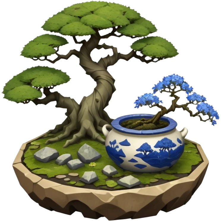 Alien landscape mudman very old broken cracked intricate Stone Age rocky-crusted irregular dodecagon-shaped shallow dark moss rough bark blue willow flowered maple tree bonsai pot emoji