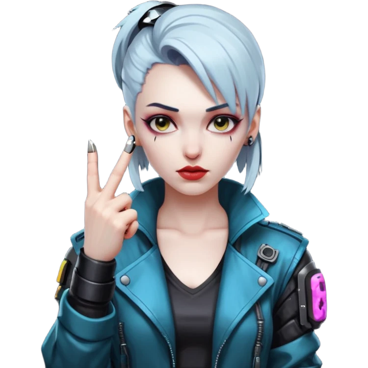 Woman with her tongue out in cyberpunk clothing and giving the middle finger. Looking naughty. emoji