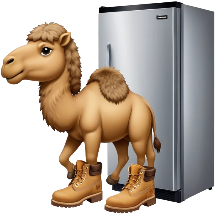 A stainless steel refrigerator with a camel head emerging from the freezer door and camel legs with tan Timberland work boots at the bottom emoji